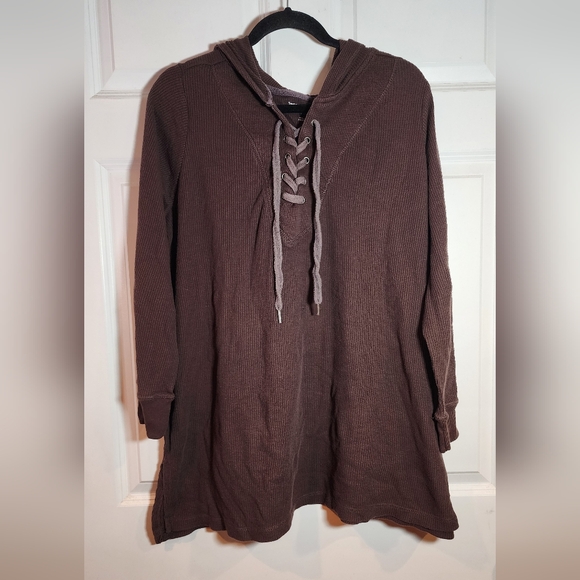 Woman Within Tops - Woman Within Brown Waffle Knit Hooded Sweater with Lace-Up Detail 1X (22/24)